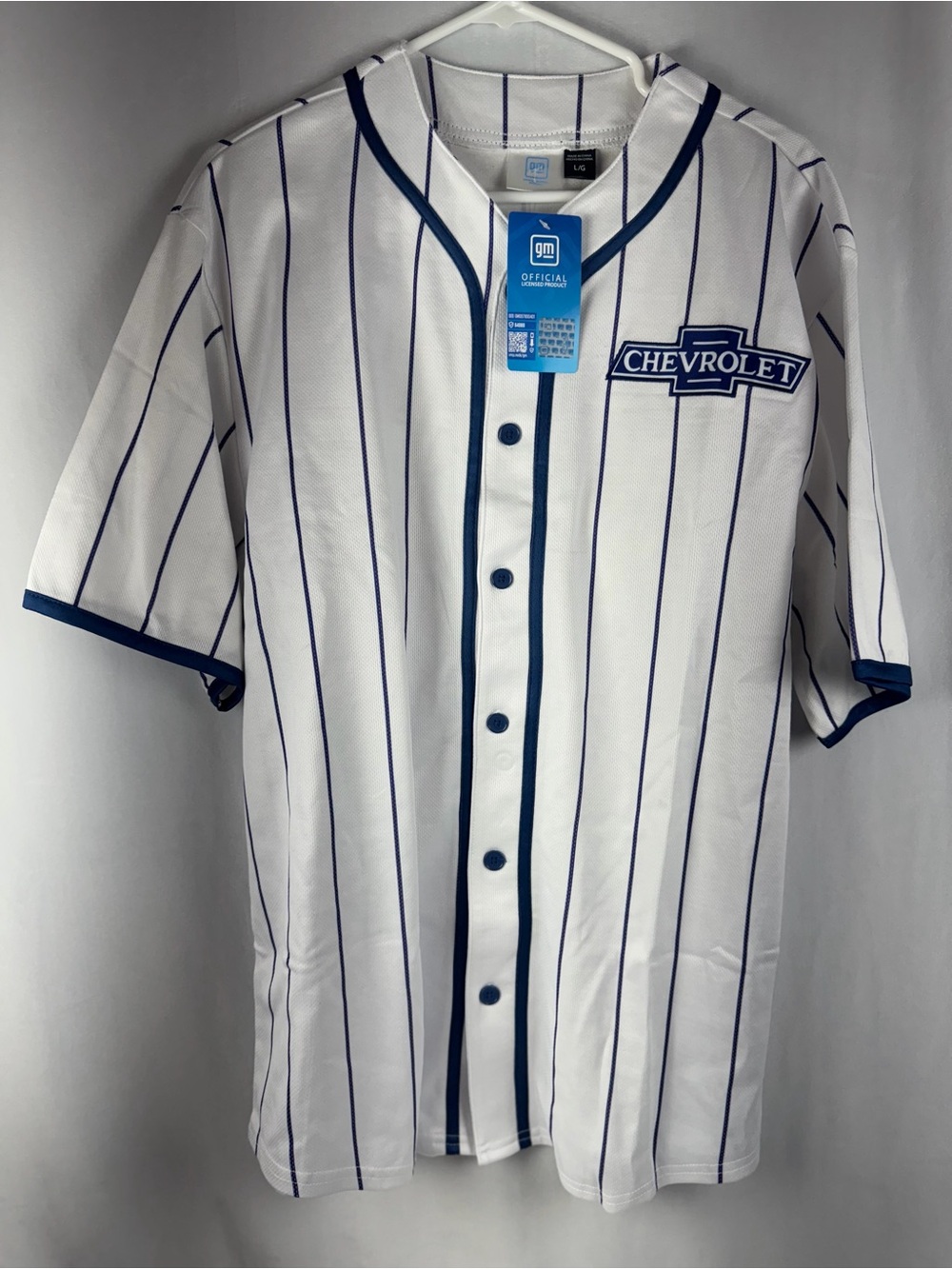 Official GM Chevrolet Racing Baseball Jersey White Blue Pinstripes Size L NWT